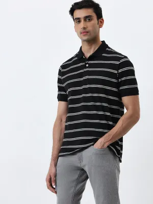 WES Casuals Black Striped Relaxed-Fit Polo T-Shirt