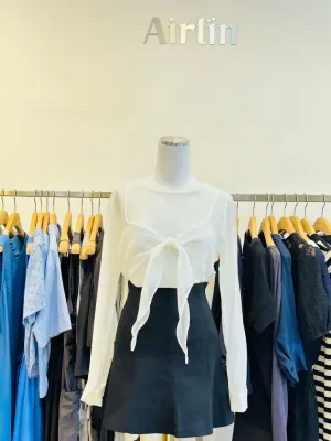 White/grey sheer bow blouse