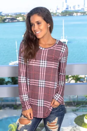 Wine Plaid Long Sleeve Top
