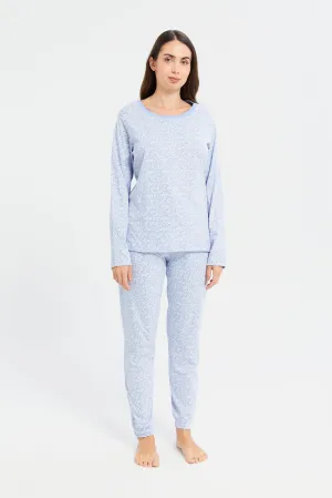 Women Blue Floral Print Pajama Set (2 Piece)
