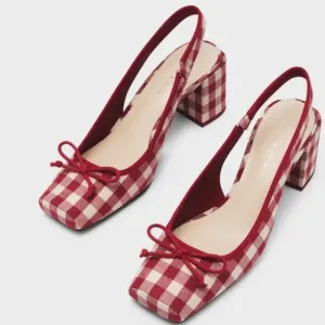 Women Chunky Heeled Sandals Retro Square Toe Mary Janes Pumps Shoes Slingbacks Spring Summer High Heels Baotou Plaid Shoes
