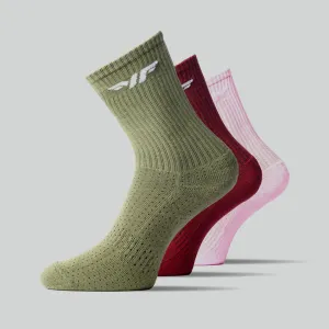 WOMEN-FORCE-CREW HALF CUSHIONED SOCKS (DARK RED-OLIVE-PINK)