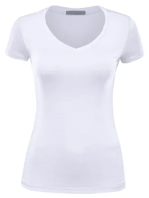 Women's Basic V Neck Solid Fitted Short Sleeve T-Shirt (FWT1001)