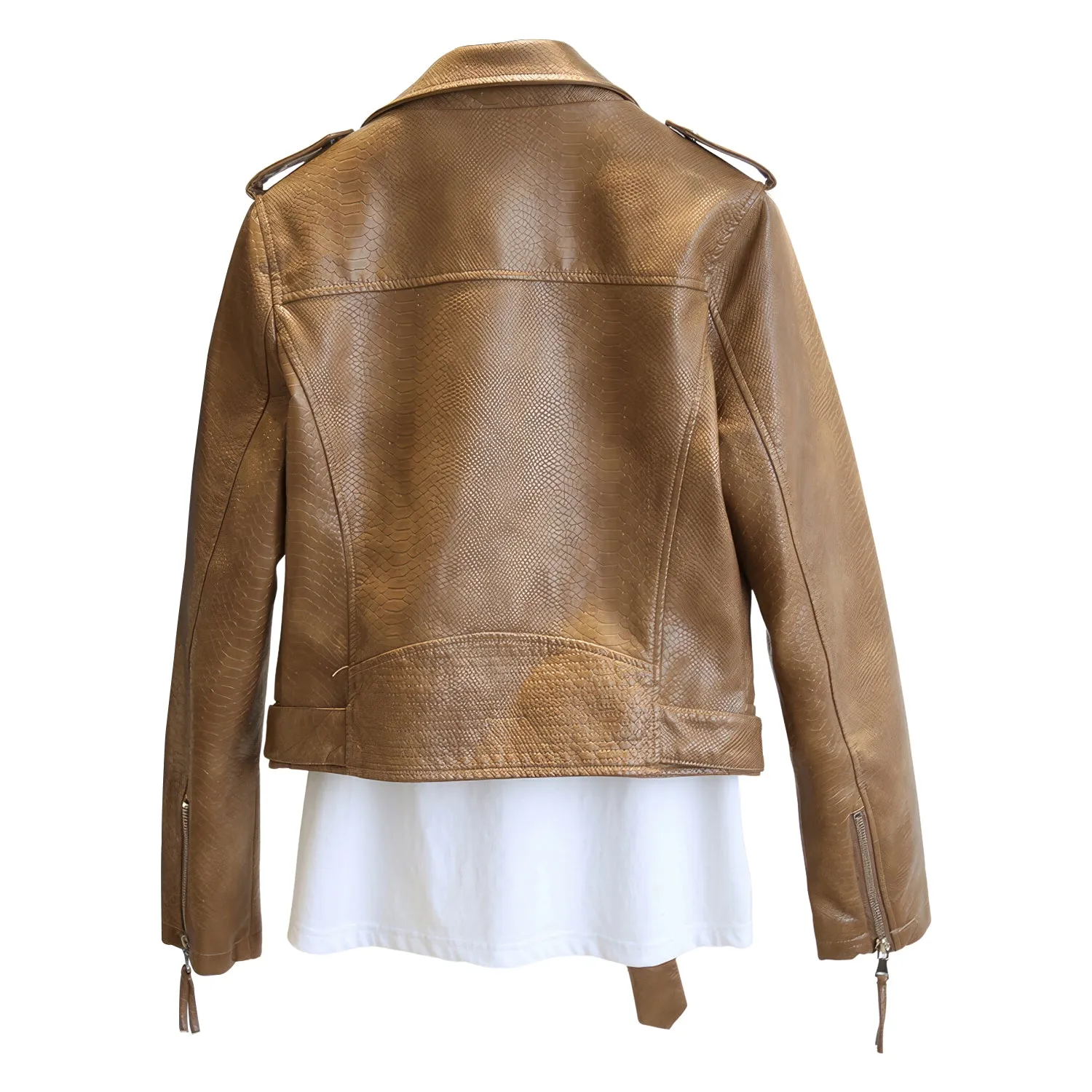 Women’s Brown Biker Genuine Sheepskin Snake Skin Texture Streetwear Slim Fit Moto Rider Casual Café Racer Smooth Leather Jacket