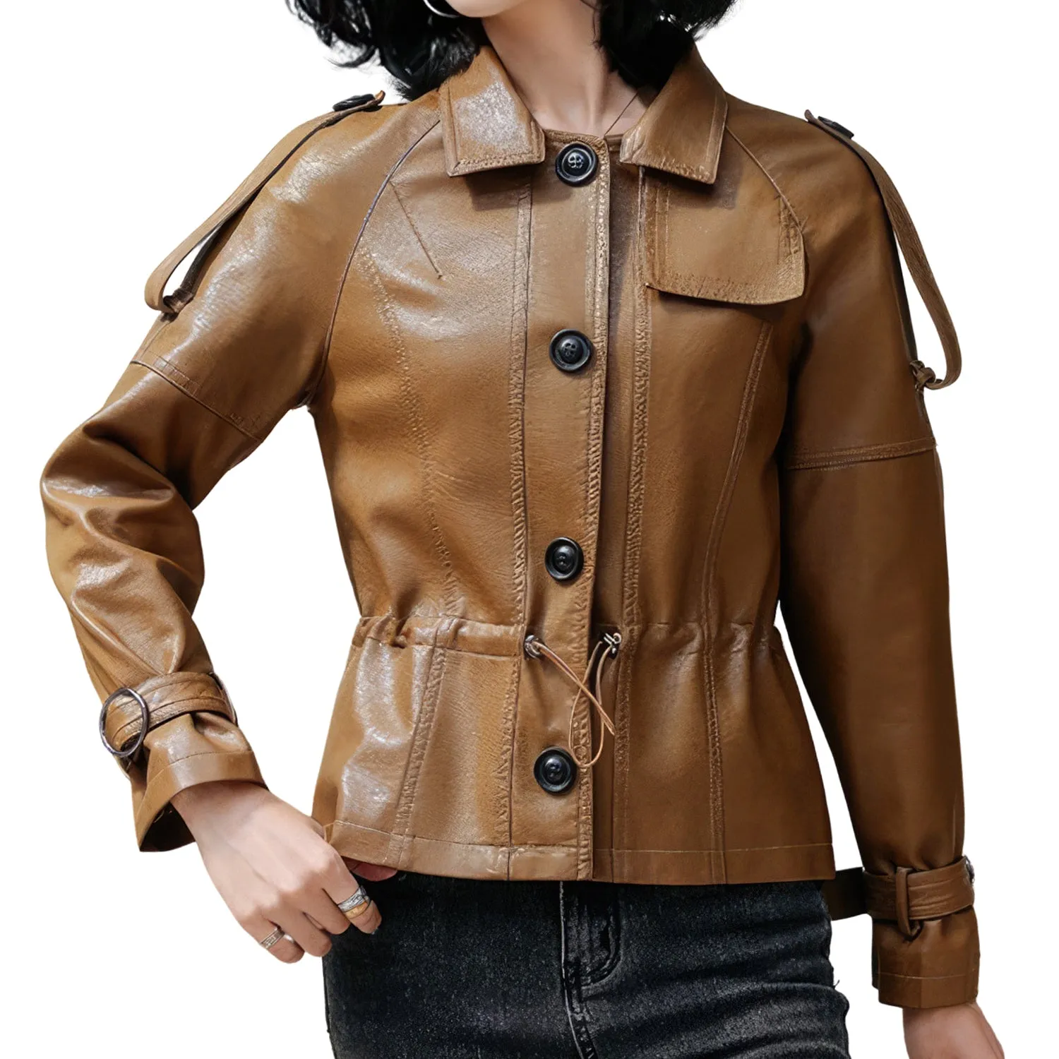 Women’s Brown Genuine Sheepskin Shirt Collar Classic Fashionable Slim Fit Drawstring Streetwear Casual Leather Jacket