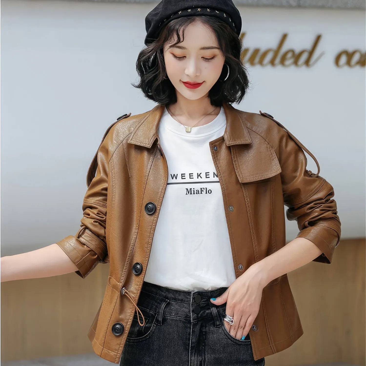 Women’s Brown Genuine Sheepskin Shirt Collar Classic Fashionable Slim Fit Drawstring Streetwear Casual Leather Jacket