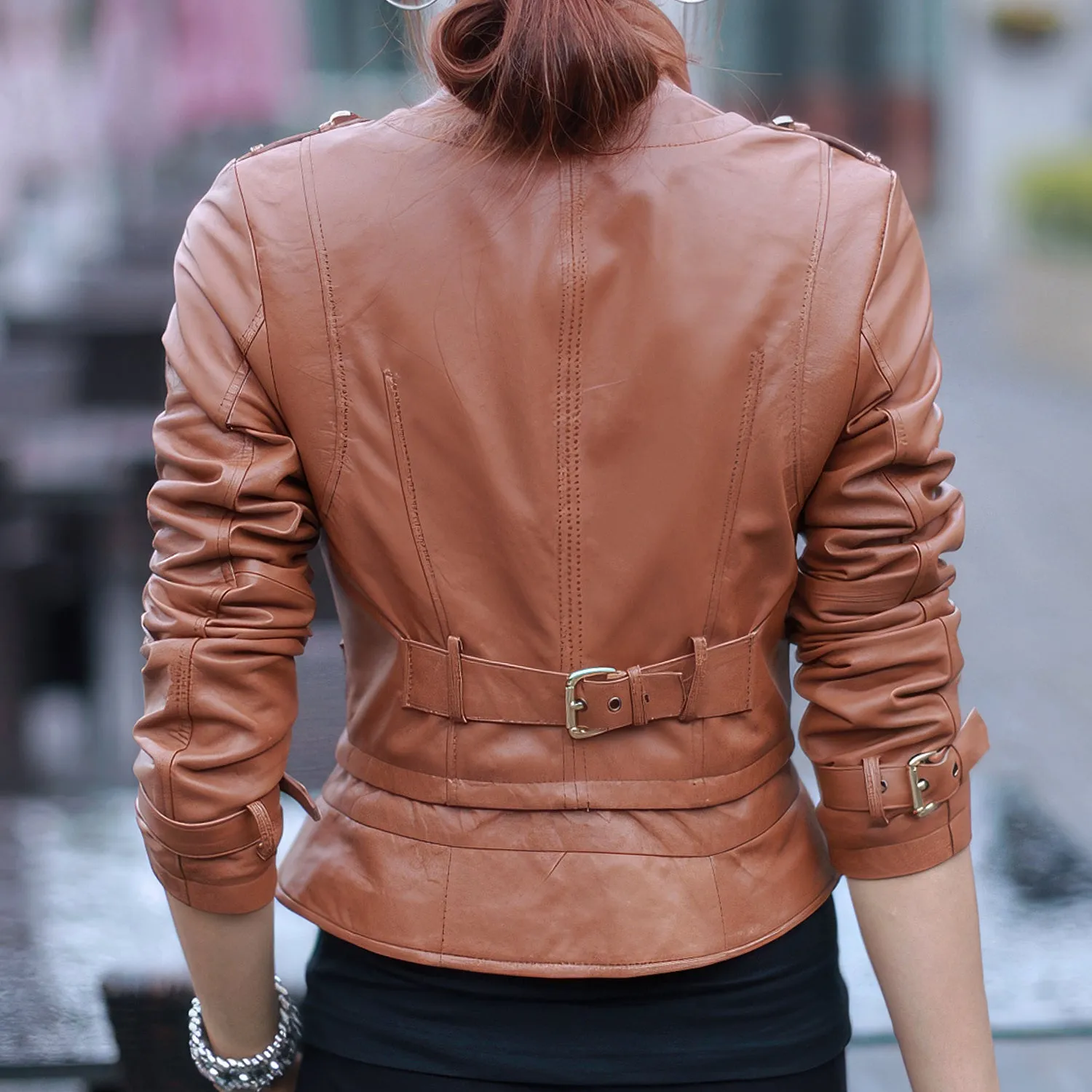 Women’s Brown Genuine Sheepskin Stand Collar Casual Motorcycle Racer Zip-Up Slim Fit Retro Biker Classic Smooth Leather Jacket