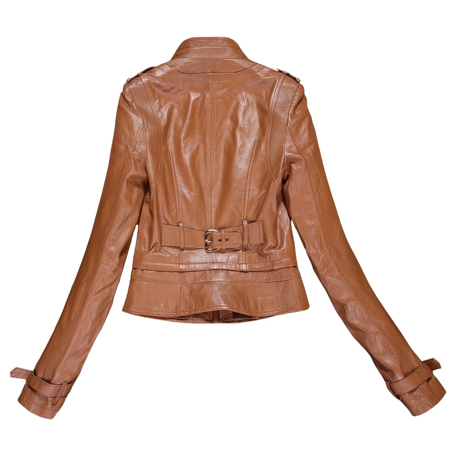 Women’s Brown Genuine Sheepskin Stand Collar Casual Motorcycle Racer Zip-Up Slim Fit Retro Biker Classic Smooth Leather Jacket