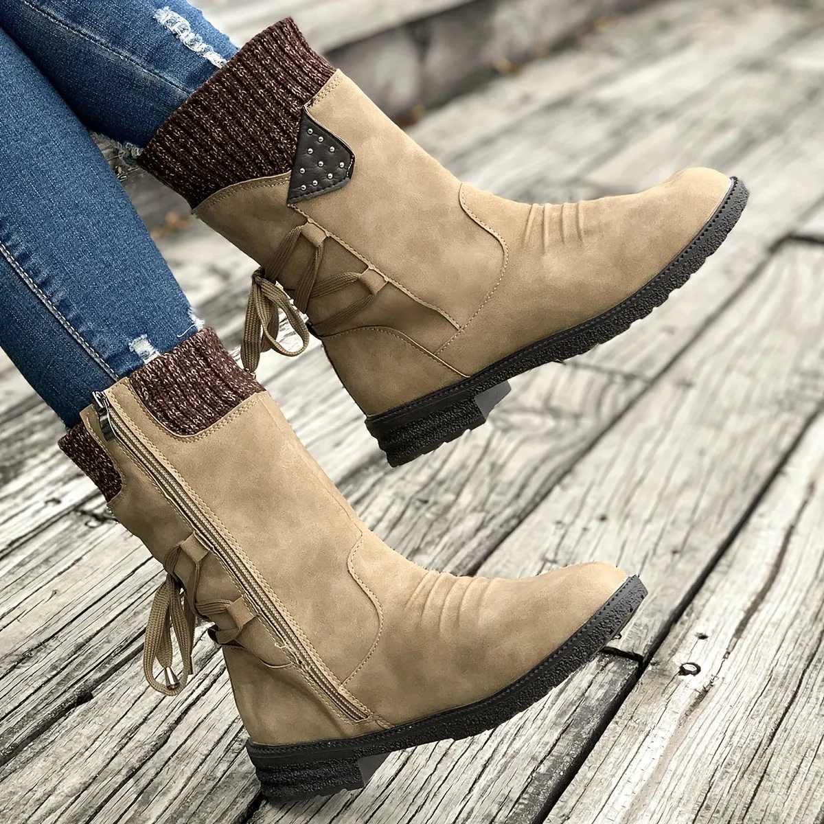 Women's Knitted & Faux Leather Panel Design Boots, Tie Back Side Zip Boots, Women's Footwear