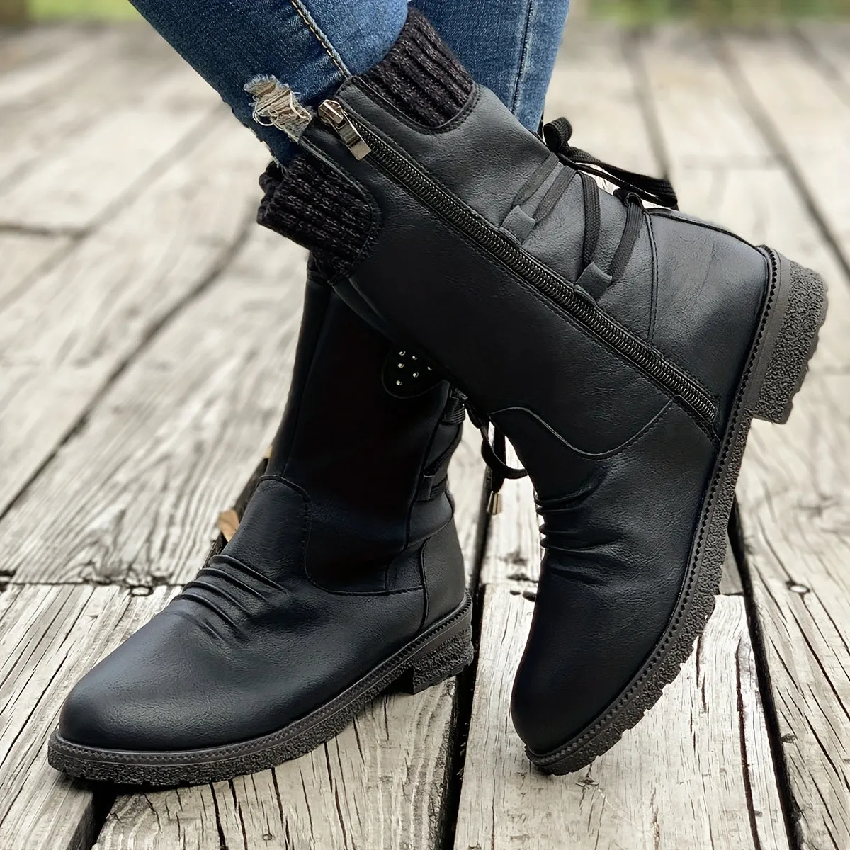 Women's Knitted & Faux Leather Panel Design Boots, Tie Back Side Zip Boots, Women's Footwear