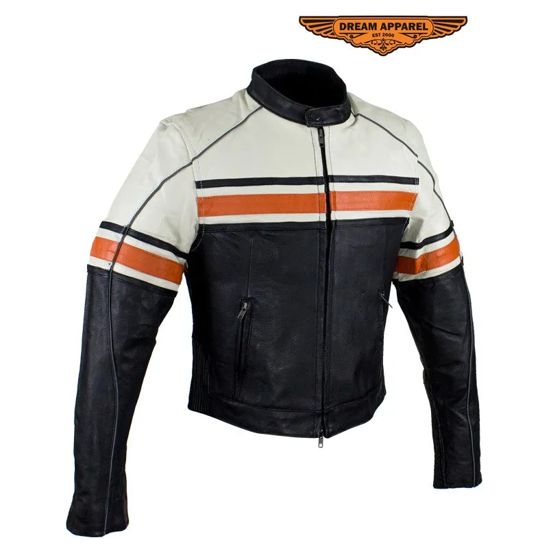 Women's Leather Racer Jacket With Upper Half Cream & Orange Stripe Across Chest