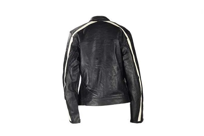 Womens Racing Leather Jacket With Off White Stripes, LJ7019-11-DL