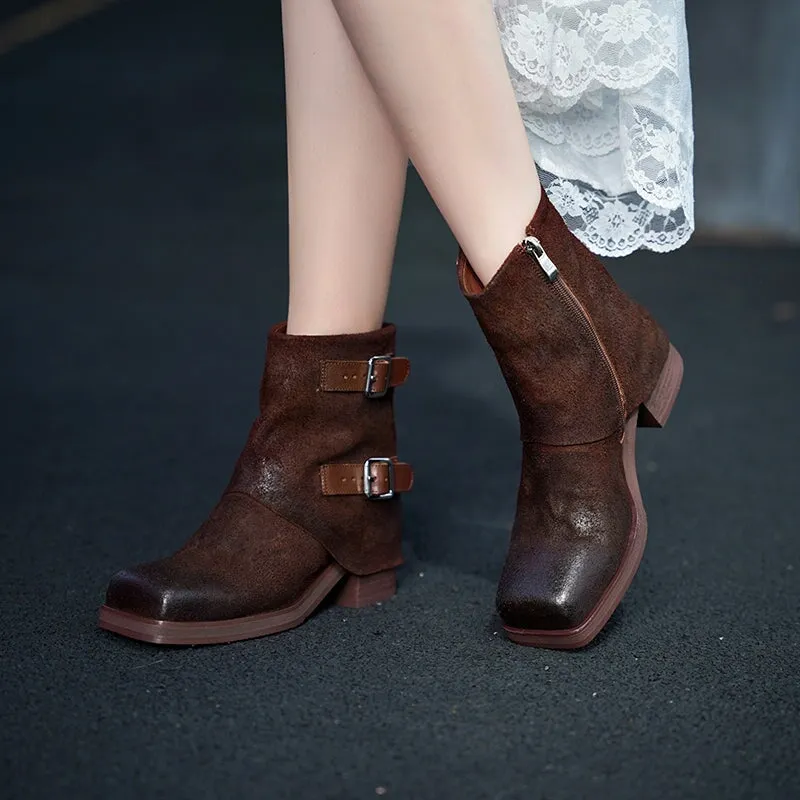 Women's Retro Horse Leather Short Boots for Winter Zipper Buckles Boots in Brown/Black