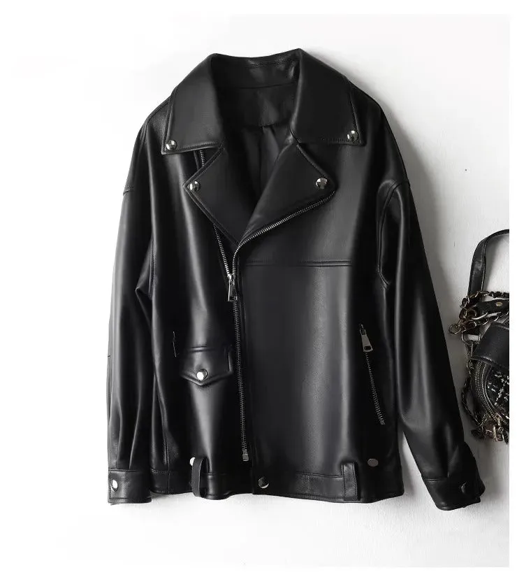 Women's Sheepskin Leather Motorcycle Jacket