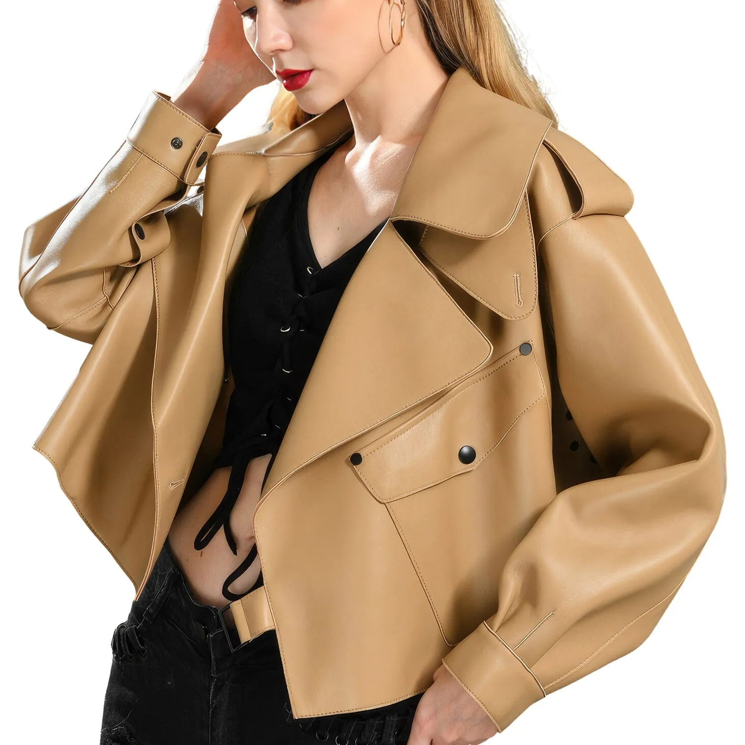 Women's Tan Brown Sheepskin Biker Jacket: High Street Elegance for Autumn & Spring